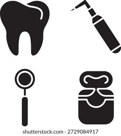 Conjunto de iconos de cuidado dental negro sólido que representa la higiene oral, el tratamiento dental y las herramientas de la clínica. Adecuado para clínicas dentales, Sitios web de atención médica, educación en salud oral e interfaces de App médicos.