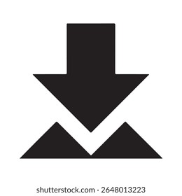 A solid black downward pointing arrow is centered over two black triangular shapes on a white background.