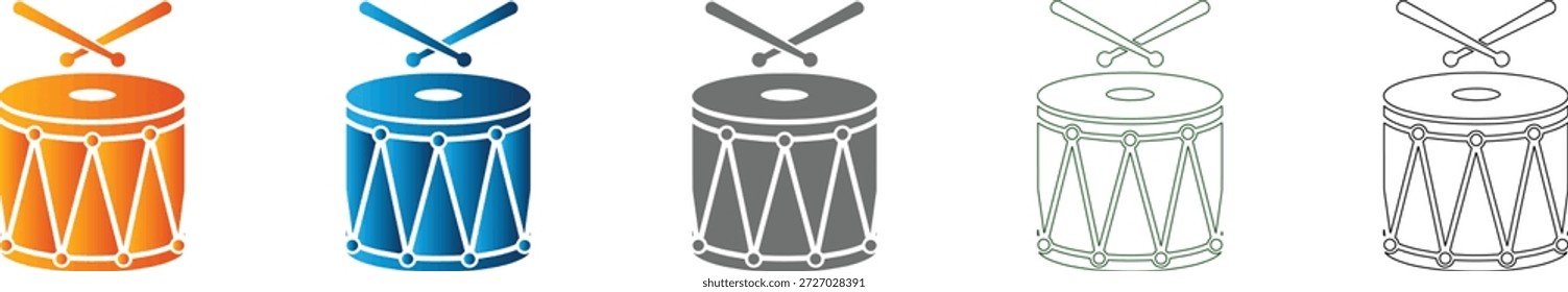 Solid black drum icon with drumsticks, part of a consistent flat icon set.