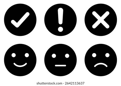 Solid black emoji icons with check, exclamation, and cross signs. Flat black emoji icon set featuring checkmark, exclamation, and cross symbols with happy, neutral, and sad face expressions.