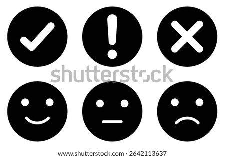 Solid black emoji icons with check, exclamation, and cross signs. Flat black emoji icon set featuring checkmark, exclamation, and cross symbols with happy, neutral, and sad face expressions.