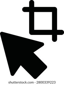 A solid black filled computer cursor arrow pointing at an intersecting crop box frame symbol, representing digital image editing, photo manipulation, selection boundaries, and graphical resizing tools. This high-quality EPS vector file is perfectly suited for creative design software interfaces, web-based photo editors, and application toolbars.