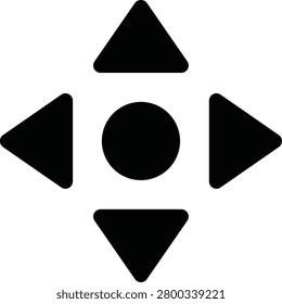 A solid black filled navigation icon featuring four directional triangle arrows pointing up, down, left, and right around a central circle node. This high-quality EPS vector file is ideal for digital gaming controller pads, panoramic map navigation widgets, media player scrolling panels, and user interface orientation buttons.