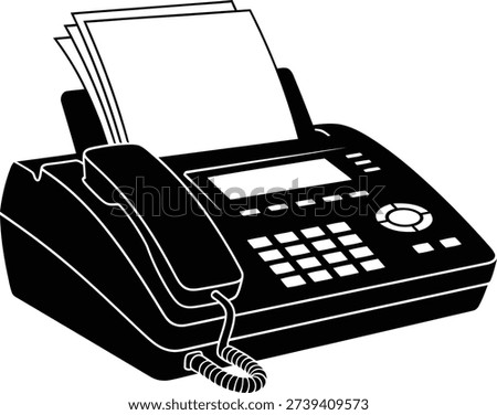 A solid black flat front view icon of a fax machine The design features a 1 1 square layout with a centered composition The machine has a rectangular base with slightly rounded corners and a keypad on the right side A telephone handset is docked on the left Three sheets of paper are being dispensed from the top forming a symmetrical triangular shape The phone cord is coiled creating a repetitive circular pattern