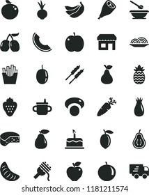 solid black flat icon set mug for feeding vector, plates and spoons, cake, cheese, onion, spaghetti, grill chicken leg, barbecue, beet, carrot, French fries, strawberry, pear, apple, red, rose hip