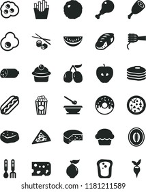 solid black flat icon set plates and spoons vector, iron fork, sausage, piece of cheese, pizza, Hot Dog, noodles, cake, muffin, glazed with a hole, chicken leg, thigh, cabbage, meat, French fries