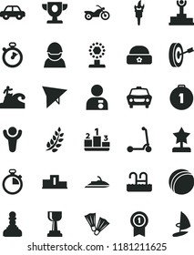 solid black flat icon set stopwatch vector, bath ball, motor vehicle, child Kick scooter, warm hat, car, pedestal, racer, flame torch, winner, laurel branch, podium, prize, cup, gold, pawn, purpose