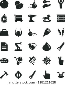 solid black flat icon set cargo trolley vector, scribbled paper, chest of drawers, small rocking horse, big core, drill, hand saw, arm, spatula, hammer with claw, index finger, shipment, apple pie