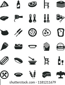 solid black flat icon set plates and spoons vector, a chair for feeding, child, plastic fork, iron, cheese, fried vegetables on sticks, pizza, piece of, Hot Dog, mini, burger, noodles, chicken, chop