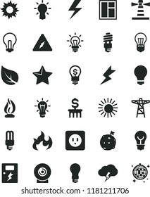 solid black flat icon set lightning vector, matte light bulb, incandescent lamp, window, power socket type b, dangers, star, storm cloud, lens, leaf, pole, energy saving, mercury, lighthouse, flame