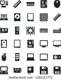 solid black flat icon set floppy disk vector, laptop, monitor, screen, processor, computer, tablet pc, notebook, radiator fan, mouse, keyboard, power supply, tower, motherboard, memory, card, hdd