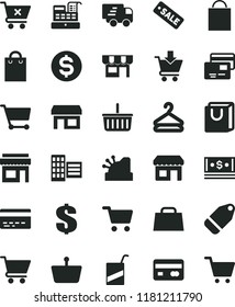 solid black flat icon set paper bag vector, grocery basket, bank card, dollar, e, city block, cart, put in, crossed, with handles, cards, kiosk, hanger, label, stall, shopping, reverse side of a
