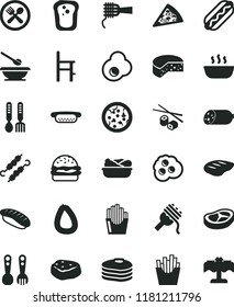 solid black flat icon set plates and spoons vector, a chair for feeding, plastic fork, iron, sausage, stick of, cheese, pizza, piece, Hot Dog, mini, burger, spaghetti, noodles, porridge, bacon, chop