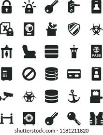 solid black flat icon set prohibition vector, Baby chair, key, door knob, lock, anchor, passport, big data, strongbox, reverse side of a bank card, encrypting, biohazard, airport tower, rope barrier