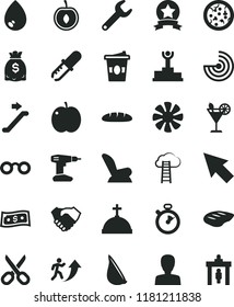 solid black flat icon set scissors vector, woman, car child seat, drill, drop, loaf, pizza, chop, garlic, coffe to go, cocktail, apple, half cherry, repair key, hand shake, dollars, fan, cursor