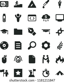 solid black flat icon set mouse vector, monitor, cd, folder, coding, magnifier, settings, file, test tube, electricity, dna, bactery, pipette, oscilloscope, flame, graduate hat, stopwatch, ink pen