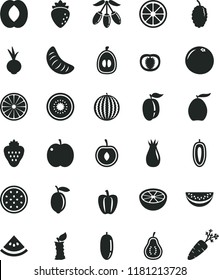 solid black flat icon set beet vector, strawberry, apple, raspberry, rose hip, mulberry, water melon, loquat, goji berry, half peach, slice, date fruit, of tangerine, ripe plum, cherry, sweet, lemon