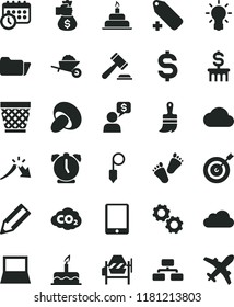 solid black flat icon set wicker pot vector, hammer of a judge, add label, children's tracks, cake, birthday, garden trolley, concrete mixer, wooden paint brush, plummet, alarm clock, flowchart