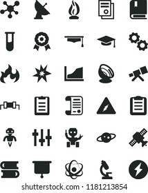solid black flat icon set vector e, books, research article, scientific publication, test tube, microscope, telescope, molecule, electricity, atom, gears, settings, satellite, flame, graduate hat