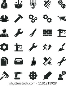 solid black flat icon set repair key vector, clean paper, crane, builder, brickwork, winch hook, cogwheel, building trolley, trowel, cordless drill, arm saw, paint roller, wooden brush, spatula