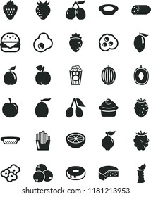 solid black flat icon set sausage vector, cheese, mini hot dog, big burger, muffin, cake with a hole, plate of milk, fried potato slices, popcorn, cup, egg, omelette, strawberry, peach, quince