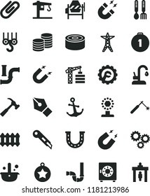 solid black flat icon set iron fork spoons vector, crane, tower, winch hook, concrete mixer, siphon, star gear, stationery knife, new radiator, kitchen faucet, hammer with claw, anchor, strongbox