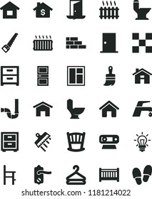 solid black flat icon set house vector, bedside table, cradle, baby cot, a chair for feeding, dwelling, brick wall, window, arm saw, wooden paint brush, toilet, comfortable, siphon, door knob, tile