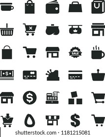solid black flat icon set paper bag vector, grocery basket, bank card, dollar, children's potty, cubes for children, put in cart, crossed, with handles, kiosk, stick of sausage, cup tea, stall, cash