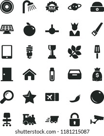 solid black flat icon set children's train vector, warm hat, house, arm saw, shower, ntrance door, lock, star, drawer, popsicle, orange, half of kiwi, delicious apple, red pepper, energy saving bulb
