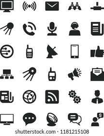 solid black flat icon set monitor window vector, rss feed, toy mobile phone, employee, received letter, speech, thumb up, screen, smartphone, call, artificial satellite, scheme, loudspeaker, network