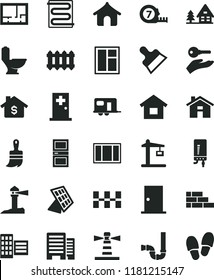 solid black flat icon set house vector, dwelling, brick wall, window, frame, long meashuring tape, wooden paint brush, toilet, siphon, lay out of flat, ntrance door, interroom, buildings, city block