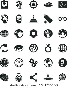 solid black flat icon set clock face vector, renewal, add label, download archive data, question, roly poly doll, birthday cake, cogwheel, earth, pizza, onion, with a hole, glazed, biscuit, gears