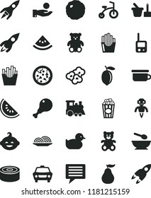 solid black flat icon set image of thought vector, baby duckling, toy phone, sand set, deep plate with a spoon, children's potty, teddy bear, small, funny hairdo, train, child bicycle, car, pizza