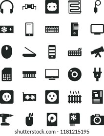 solid black flat icon set camera vector, drill, power socket type b, f, plummet, heating coil, headphones, screen, smartphone, electric plug, SIM, cast iron radiator, fan, mouse, keyboard, pc supply