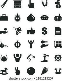 solid black flat icon set cargo trolley vector, scribbled paper, dollar, chest of drawers, measuring cup for feeding, small rocking horse, hand saw, core, index finger, thumb up, shipment, apple pie