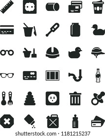 solid black flat icon set bin vector, mark of injury, yardstick, bank card, dummy, feeding bottle, baby powder, electronic thermometer e, rubber duck, duckling, stacking rings, toy sand set, f, soda