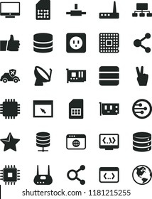 solid black flat icon set power socket type b vector, star, thumb up, screen, big data, server, autopilot, processor, satellite dish, SIM card, connection, connections, scheme, cpu, pc, router