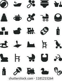 solid black flat icon set dummy vector, mug for feeding, bottle, measuring, diaper, bib, baby, beanbag, rattle, chair, stroller, carriage, summer, rubber duck, duckling, bath ball, stacking rings, a