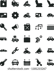 solid black flat icon set truck lorry vector, horn, toys over the cot, Baby chair, car child seat, summer stroller, motor vehicle, present, key, pass card, delivery, big solar panel, accumulator