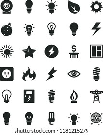 solid black flat icon set lightning vector, matte light bulb, incandescent lamp, window, saving, power socket type b, dangers, star, eye, lens, leaf, pole, energy, mercury, flame, electricity, idea