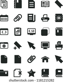 solid black flat icon set monitor window vector, clip, add bookmark, clean sheet of paper, folder, book, e, home, star, notebook, address, delete page, copy, statistical report, calendar, newspaper