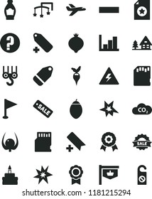 solid black flat icon set danger of electricity vector, add bookmark, minus, label, pennant, negative histogram, question, toys over the cot, winch hook, birthday cake, bottle, medlar, tamarillo