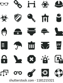 solid black flat icon set mark of injury vector, spectacles, toys over the cot, diaper, nappy, powder, Baby chair, car child seat, winter hat, warm, construction helmet, dust bin, lock, key, glasses