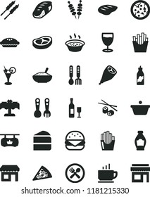 solid black flat icon set plastic fork spoons vector, iron, coffee, fried vegetables on sticks, pizza, piece of, big burger, cake, pie, a bowl rice porridge, in saucepan, grill chicken leg, bacon