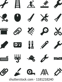 solid black flat icon set repair key vector, scissors, clip, graphite pencil, iron fork spoons, winch hook, garden trolley, trowel, concrete mixer, small tools, hand saw, arm, measuring tape, ladder