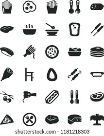 solid black flat icon set plates and spoons vector, a chair for feeding, plastic fork, iron, sausage, stick of, cheese, pizza, piece, Hot Dog, mini, spaghetti, noodles, porridge, lettuce in plate