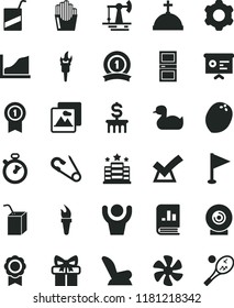 solid black flat icon set pennant vector, car child seat, open pin, rubber duck, e, packing of juice with a straw, cogwheel, interroom door, picture, lens, fried potato slices, coconut, gift, medal