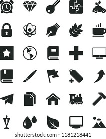 solid black flat icon set tassel vector, alarm clock, paper airplane, clean, plus, add label, Puzzles, e, house, key, hammer, lock, flag, screen, coffee, leaf, planet Earth, drop, monitor, atom
