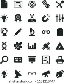 solid black flat icon set jar vector, printer, file, microscope, telescope, molecule, electricity, glasses, zoom, dna, bulb, gears, settings, satellite, bactery, globe, oscilloscope, magnet, medal