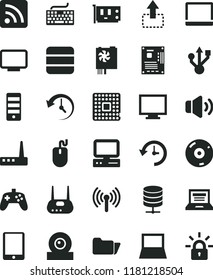 solid black flat icon set laptop vector, monitor, keyboard, rss feed, big data server, volume, move up, processor, computer, tablet pc, notebook, mouse, power supply, tower, motherboard, card, usb